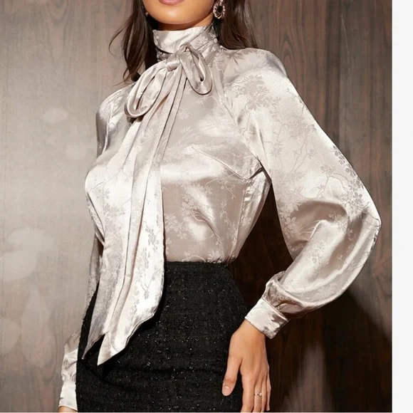 Classy Elegant Floral Jacquard Long Sleeve Tie Neck Satin Blouse Top Shirt - Picture 6 of 6